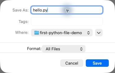 macOS Save dialog showing hello.py and the practice folder.