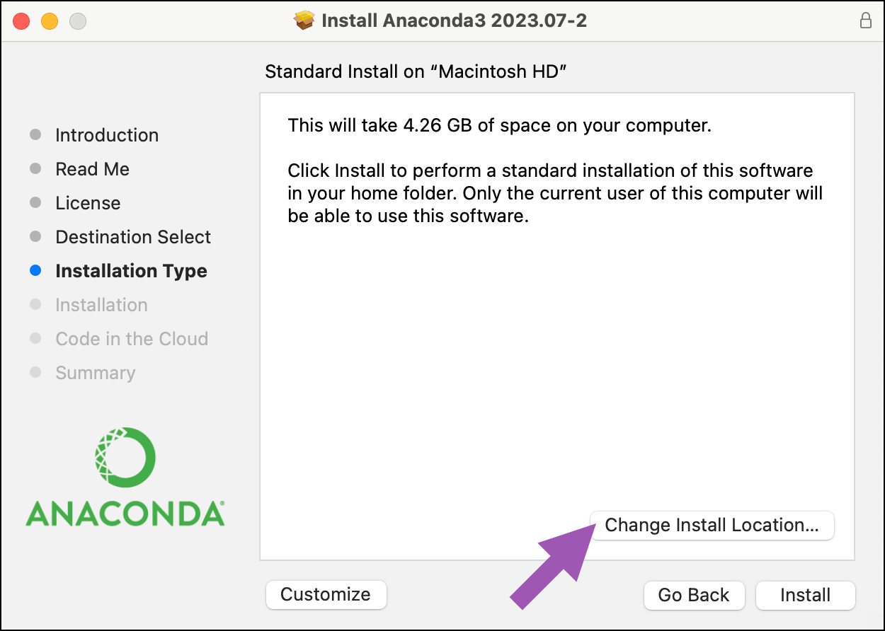 Official Anaconda documentation screenshot identifying Change Install Location in an older macOS installer.