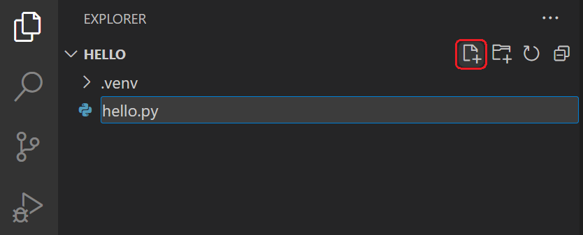 Official VS Code Explorer screenshot highlighting New File and a filename field containing hello.py.