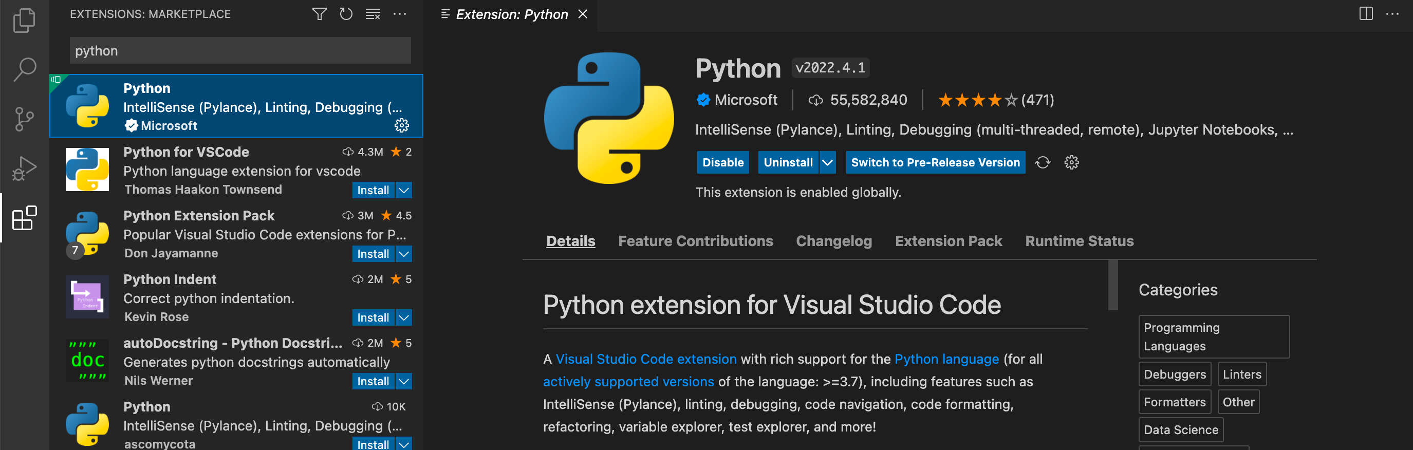 Official VS Code screenshot showing a search for Python and the Python extension published by Microsoft.