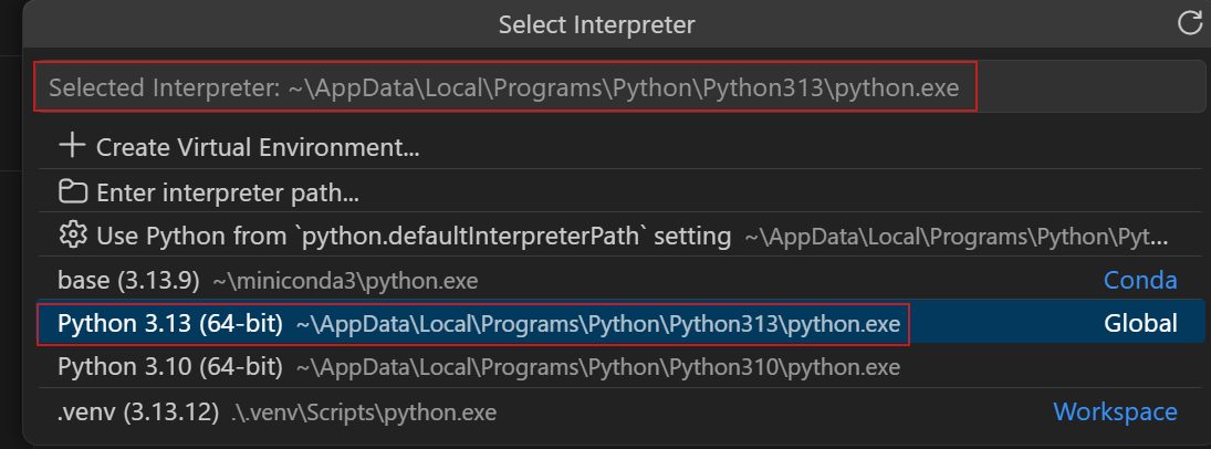 Official VS Code interpreter list showing a Conda base environment alongside Global and Workspace environments, with generic example paths.