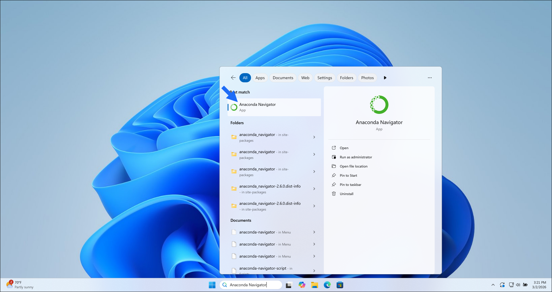 Official Anaconda documentation screenshot showing Windows search results for Anaconda Navigator.