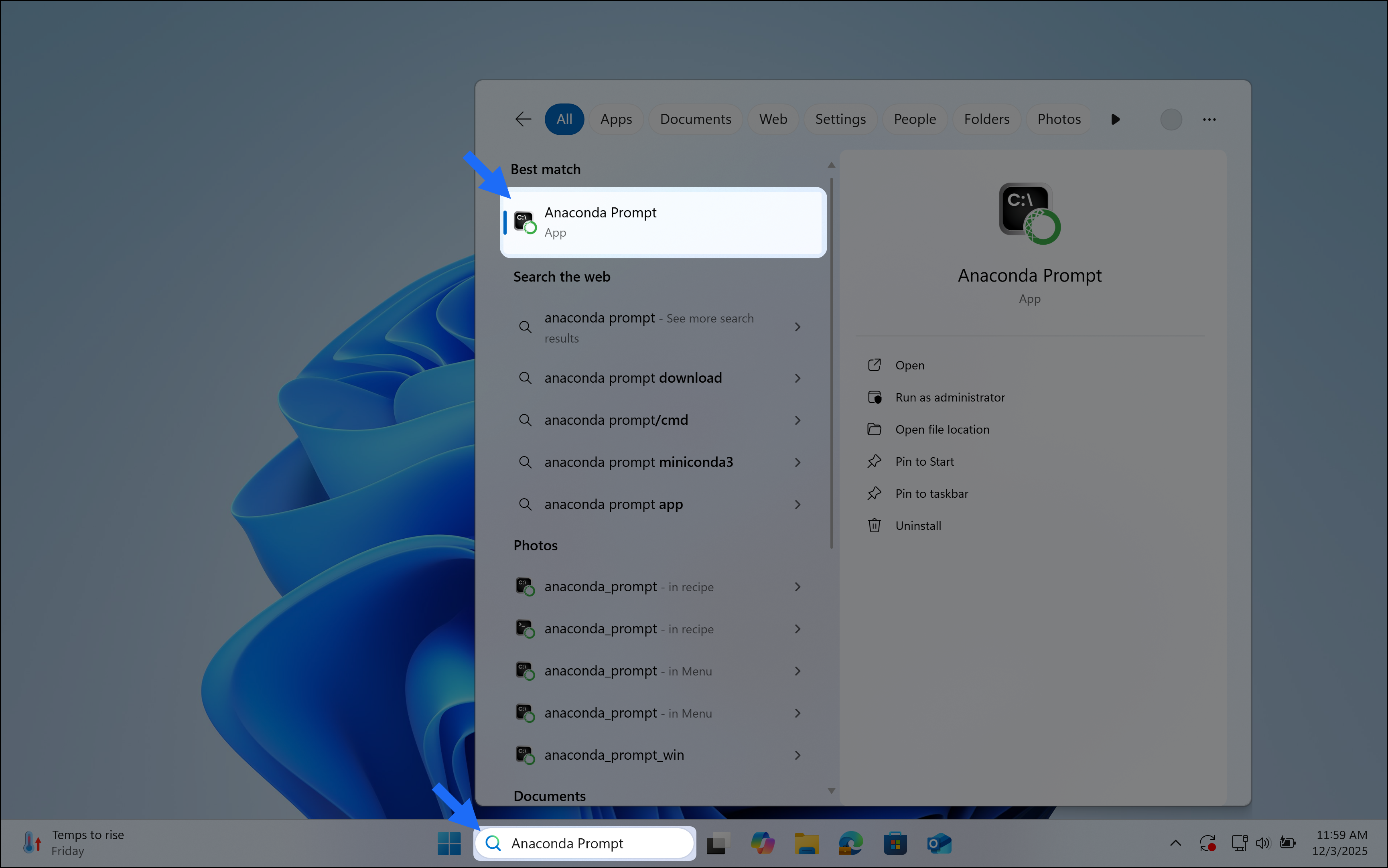Official Anaconda documentation screenshot showing Windows search results for Anaconda Prompt.